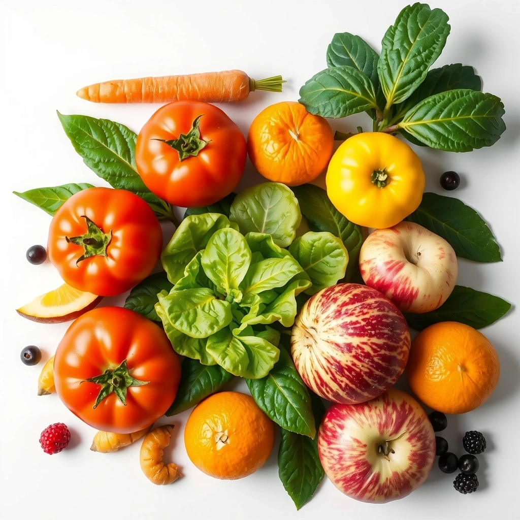 Φρέσκα λαχανικά και φρούτα σε λευκό φόντο